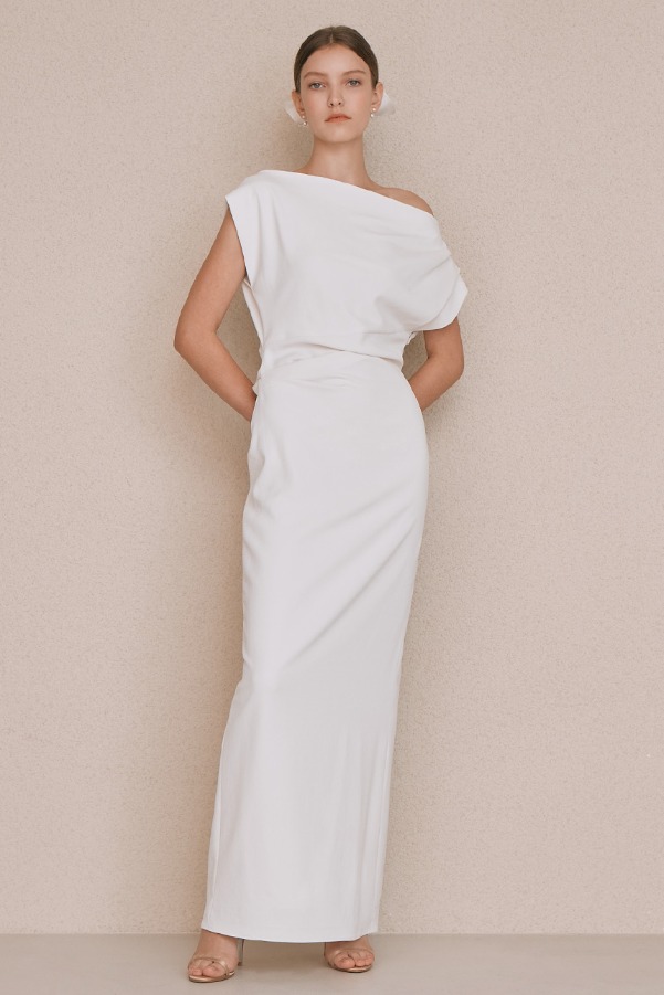 ATHENA Asymmetric sleeve maxi dress (Ivory)