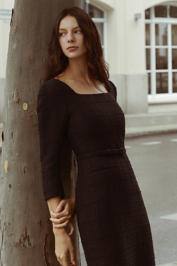 COURTNEY Square neck H-line tweed long dress (Black)