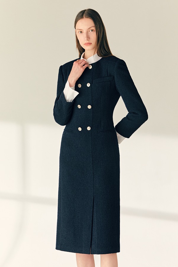 JOELY Double breasted H-line twill long dress (Deep navy)